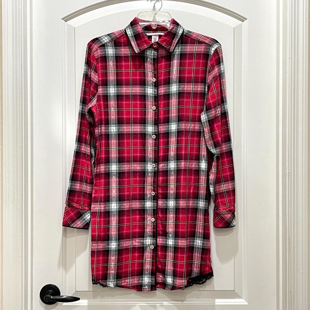 New Victoria's Secret Night Sleep Shirt Pajama Red Black Silver Plaid XS